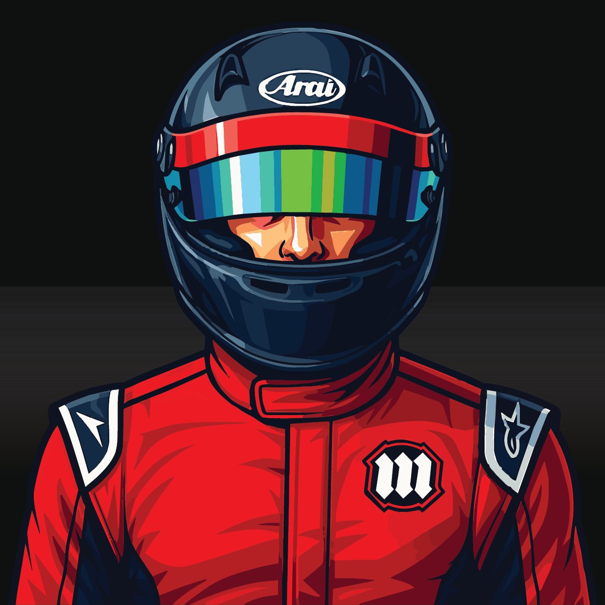 Racing helmet with custom visor strip showing driver name