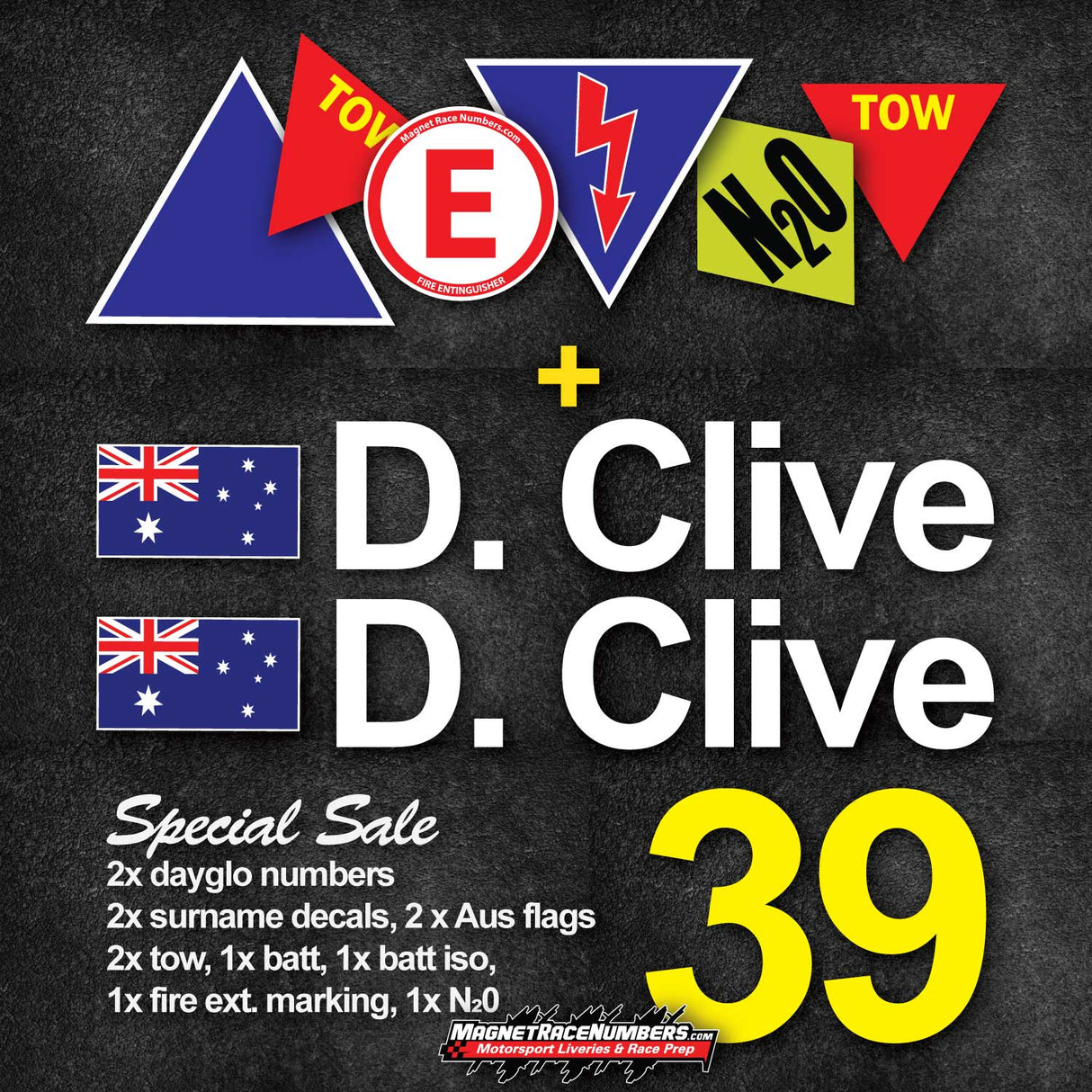 Motorsport Australia (CAMS) Compliance Bundle – Driver Names, Dayglo Number & Decal Kit