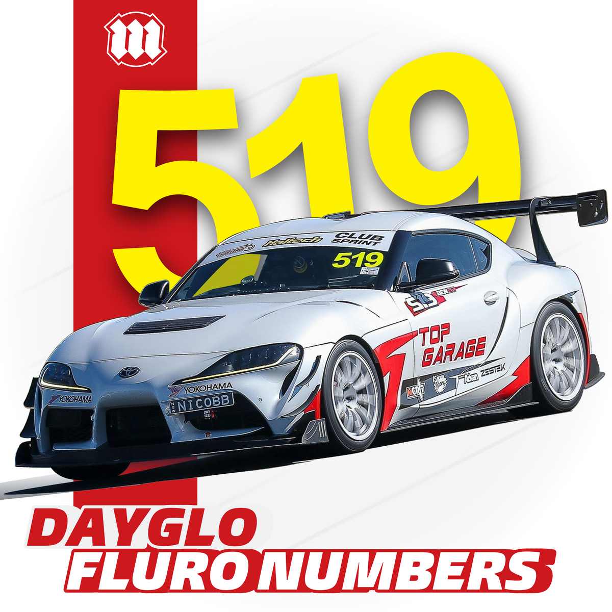 Win with a podium finish using MRN's hi-vis DayGlo motorsport numbers.